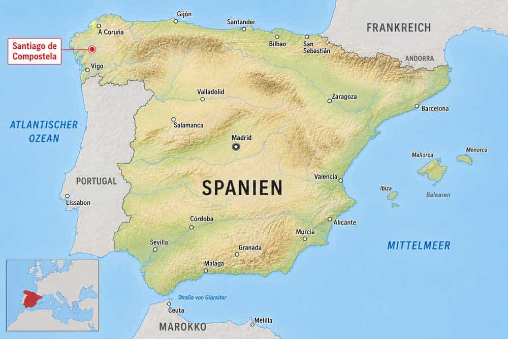 Reiseführer Santiago de Compostela – Tipps & Touren Physische Landkarte von Spanien mit hervorgehobener Lage von Santiago de Compostela im Nordwesten des Landes. Die Karte zeigt Gebirge, Küsten, größere Städte und Nachbarländer sowie die Balearen im Mittelmeer. Santiago de Compostela ist mit einem roten Marker und Beschriftung deutlich gekennzeichnet.