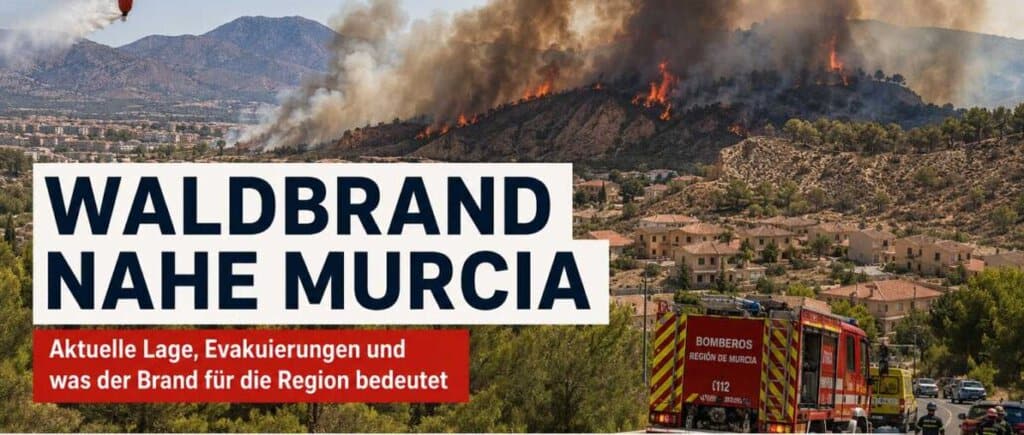 Waldbrand in der Nähe von Murcia mit Feuerwehr und Helikopter im Einsatz.