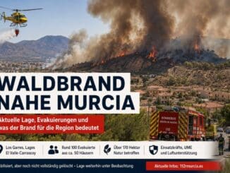 Waldbrand in der Nähe von Murcia mit Feuerwehr und Helikopter im Einsatz.