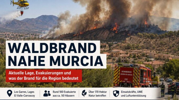 Waldbrand in der Nähe von Murcia mit Feuerwehr und Helikopter im Einsatz.