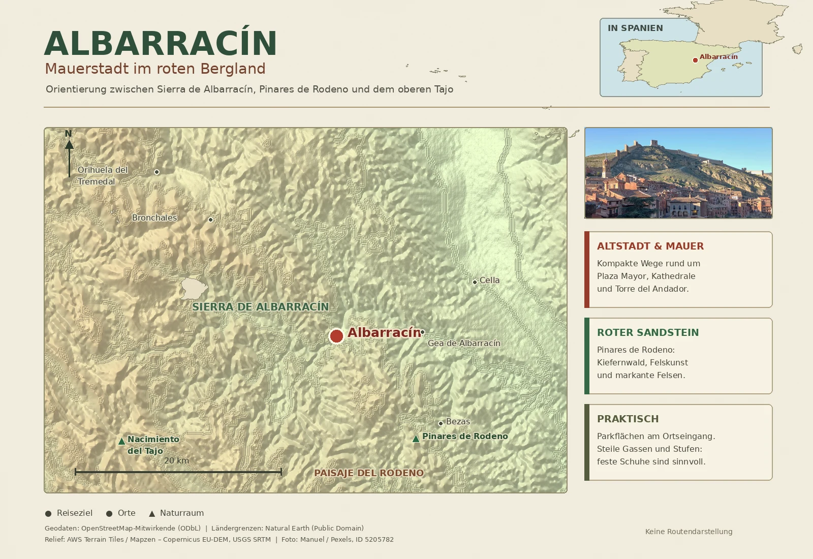 Illustrierte Reisekarte von Albarracín mit Gea de Albarracín, Bronchales, Orihuela del Tremedal, Pinares de Rodeno und Tajoquelle
