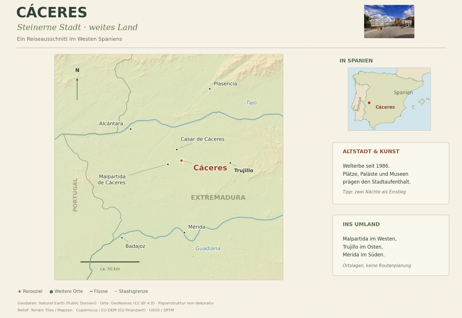 Reisekarte von Cáceres in der westlichen Extremadura mit Plasencia, Trujillo, Mérida, Badajoz, Alcántara, Casar und Malpartida de Cáceres, Tajo und Guadiana sowie Spanien-Übersicht