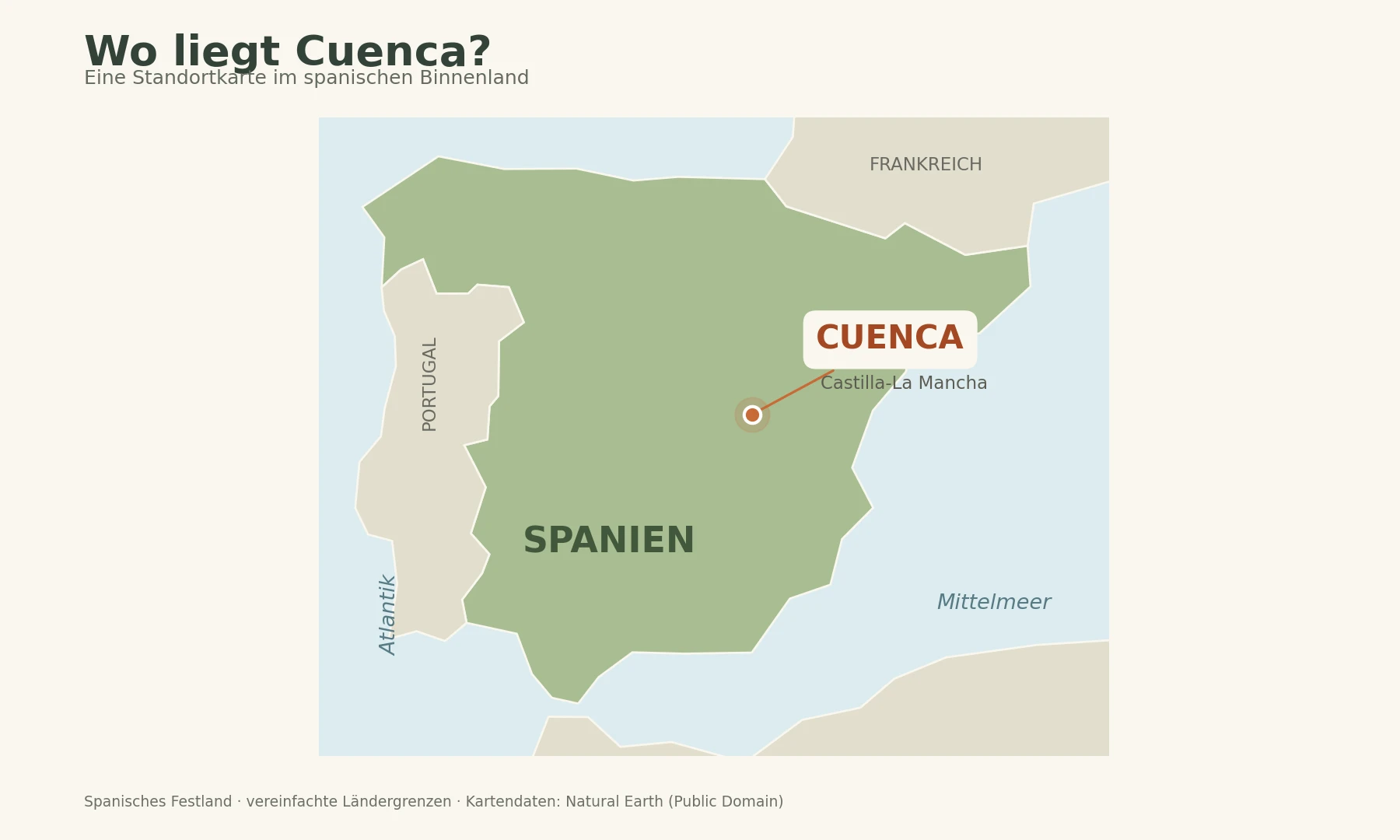 Karte des spanischen Festlands mit markierter Lage von Cuenca in Castilla-La Mancha