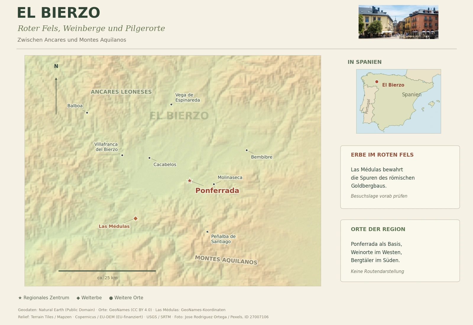 Illustrierte Reisekarte von El Bierzo mit Ponferrada, Las Médulas, Villafranca del Bierzo und umliegenden Orten