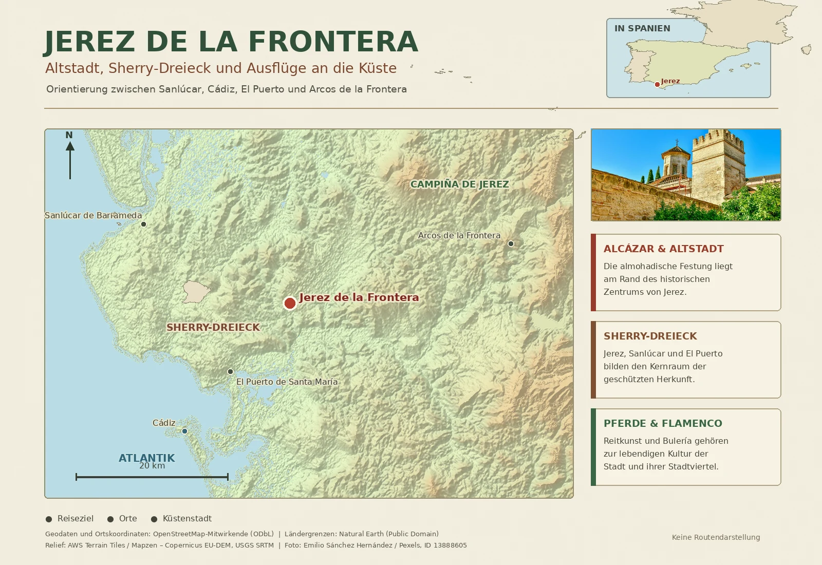 Illustrierte Reisekarte von Jerez de la Frontera mit Sanlúcar de Barrameda, El Puerto de Santa María, Cádiz und Arcos de la Frontera