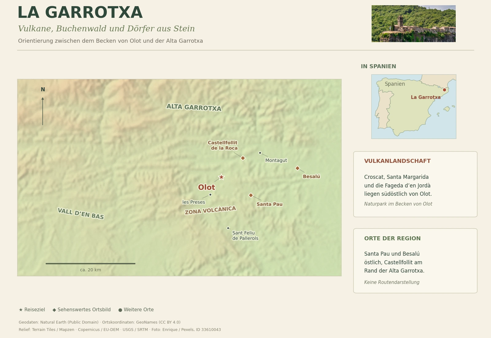 Illustrierte Reisekarte von La Garrotxa mit Olot, Santa Pau, Castellfollit de la Roca, Besalú und Naturpark