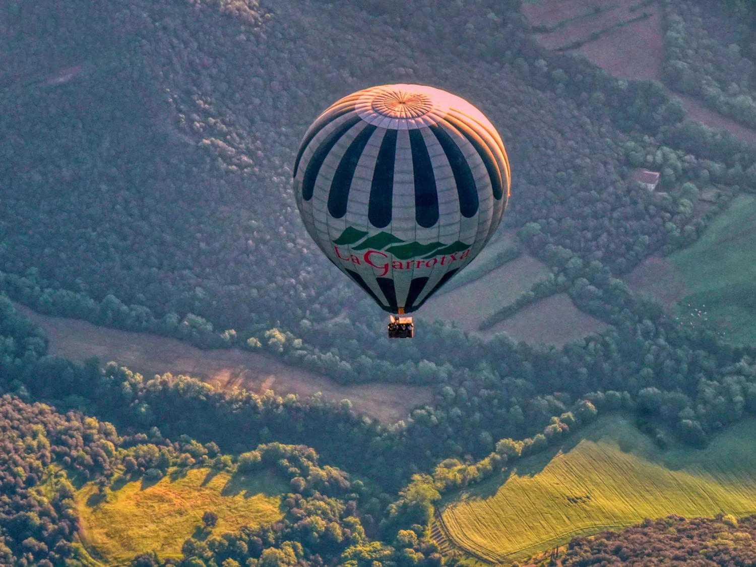Heißluftballon über der grünen Landschaft bei Santa Pau in La Garrotxa
