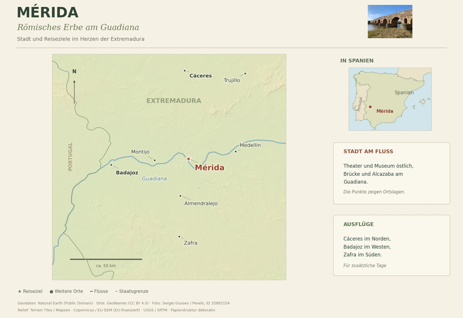 Illustrierte Reisekarte von Mérida am Guadiana mit Badajoz, Cáceres, Trujillo, Zafra, Almendralejo, Montijo und Medellín sowie Spanien-Übersicht