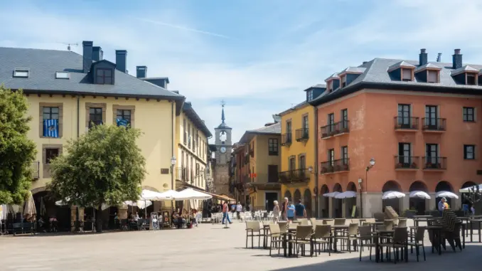 Plaza in der Altstadt von Ponferrada Plaza mit farbigen Fassaden und Uhrturm in der Altstadt von Ponferrada