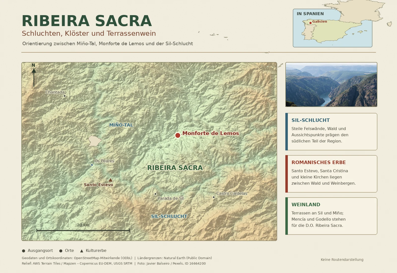 Illustrierte Reisekarte der Ribeira Sacra mit Monforte de Lemos, Chantada, Os Peares, Santo Estevo, Parada de Sil und Castro Caldelas