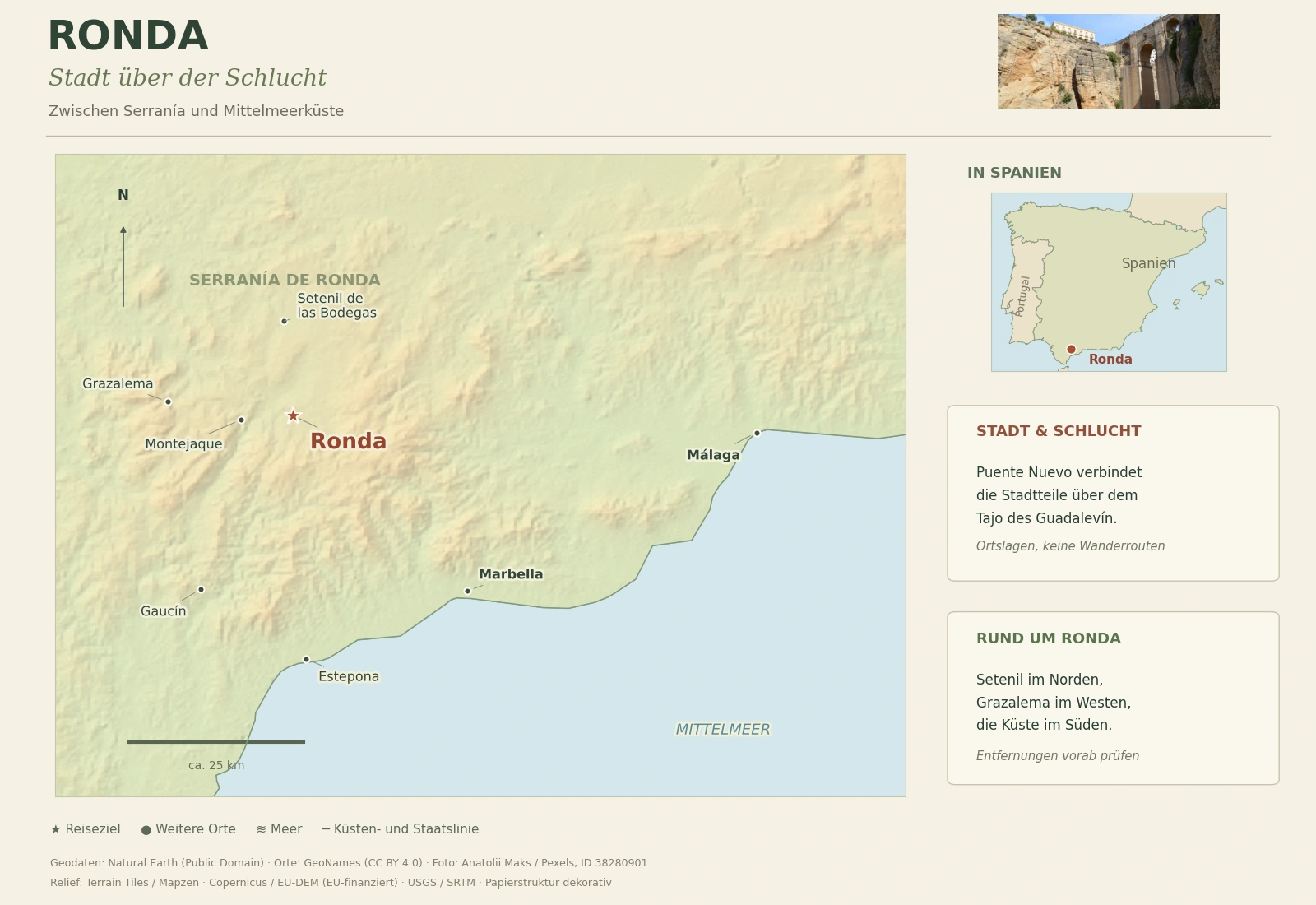 Illustrierte Reisekarte von Ronda mit Setenil de las Bodegas, Grazalema, Montejaque, Gaucín, Estepona, Marbella und Málaga sowie Spanien-Übersicht