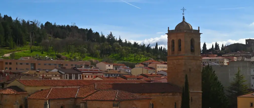 Blick über rote Dächer und den Kirchturm von San Juan de Rabanera in Soria