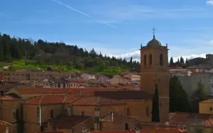 Blick über rote Dächer und den Kirchturm von San Juan de Rabanera in Soria