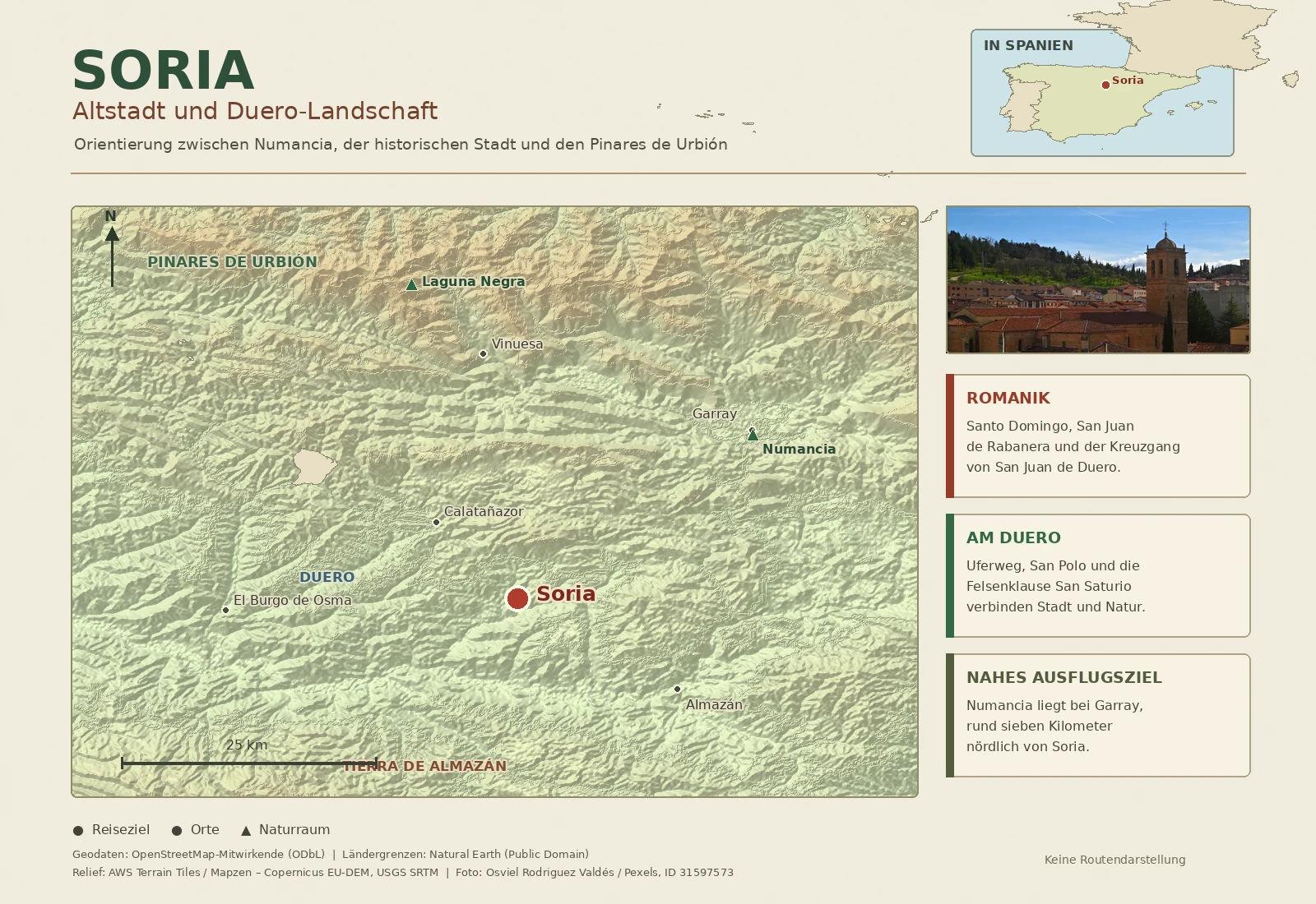 Illustrierte Reisekarte von Soria mit Numancia, Garray, Vinuesa, Laguna Negra, Calatañazor, Almazán und El Burgo de Osma