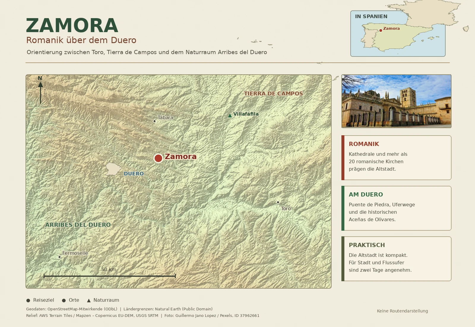 Illustrierte Reisekarte von Zamora mit Toro, Villafáfila, Tábara, Fermoselle und der Lage am Duero